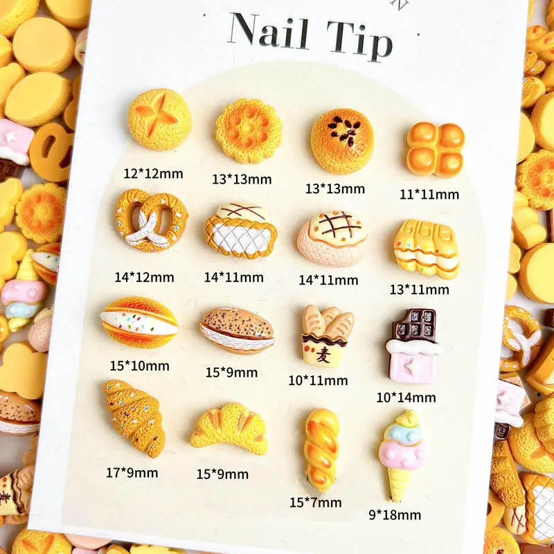 Simulated Ice cream Mooncake Resin Nail Charms 3D Yellow Series  Cream Bread Baguette Desserts Nail Art Decorations DIY Nails