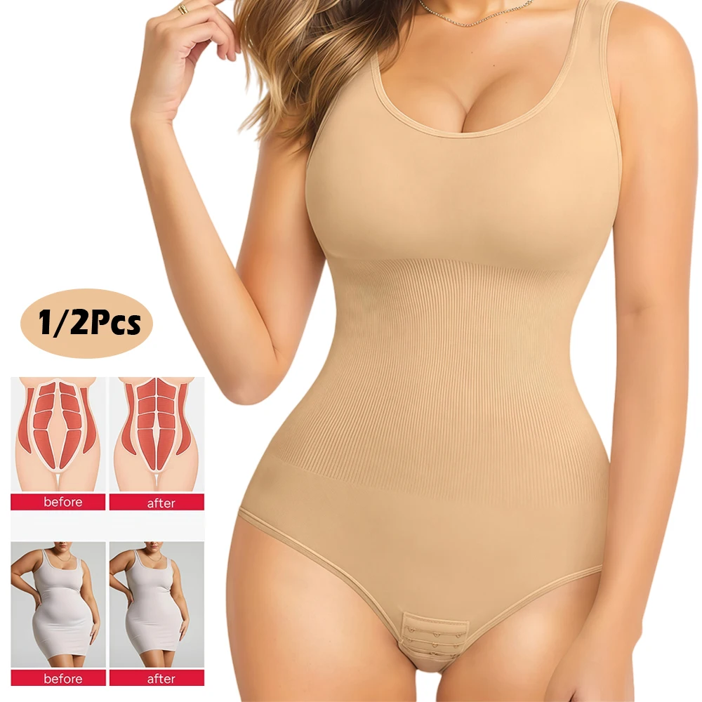 1/2Pcs Faja Bodysuit Shapewear for Women, Seamless Tummy Control Waist Trainer, Firm Compression Body Suit Daily Going Out Tops