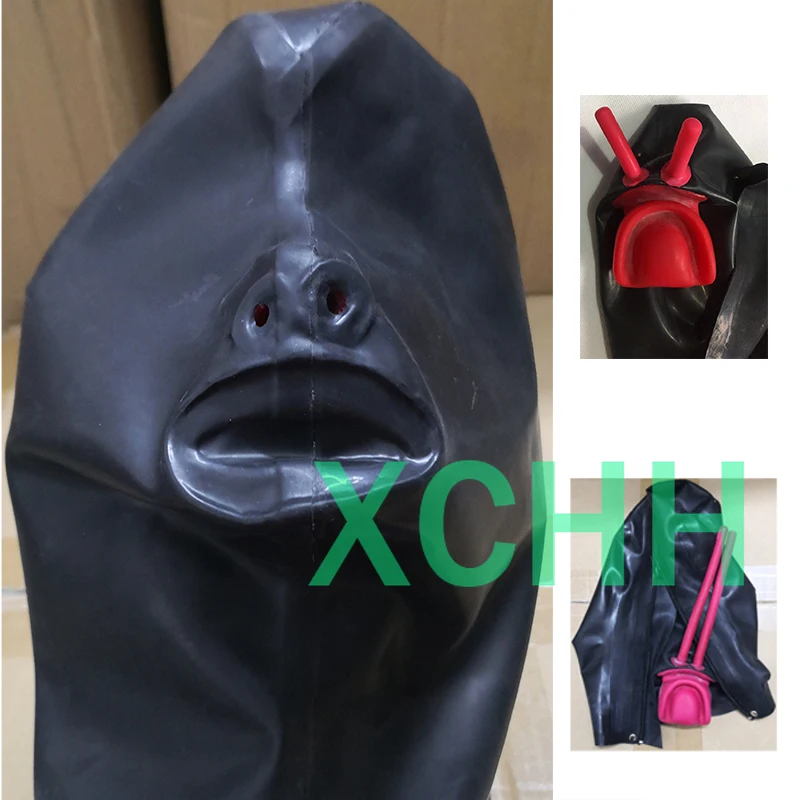 

Latex Hood Handmade Men Woman Rubber Mask with Long Nose Tube Teeth Gag Back Zip Cosplay Costumes (close Mouth Type )