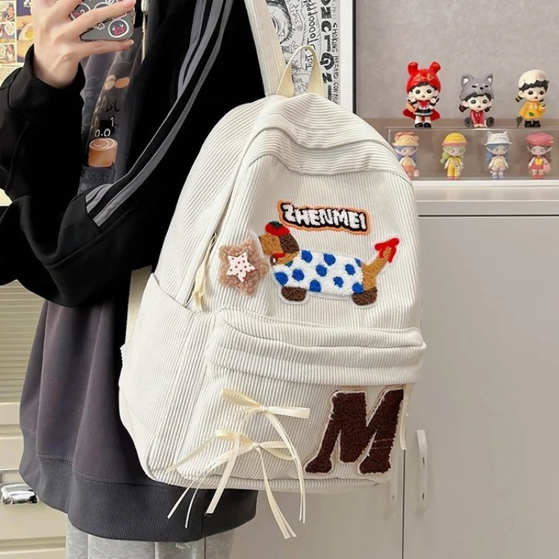 Zipper Corduroy2024Winter One Size Cartoon Animal Embroidery Trendy Fashion Cute Backpack