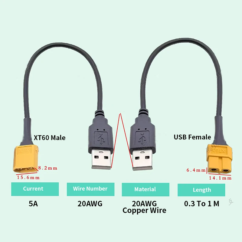 XT30/60/90 To USB Lithium Battery Power Cable XT90 Male to Female to USB Charging Wire for Model Aircraft Aacing Drones 5A 20AWG