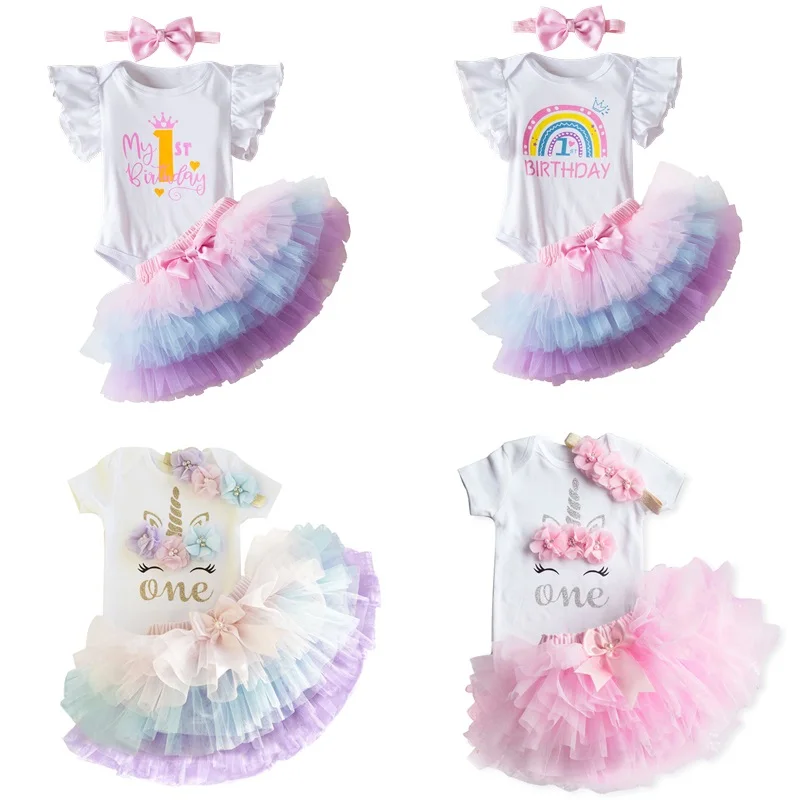 1 Year Baby Girl Clothes Birthday Party Tutu Skirt Headband Set Newborn Baby Girls Birthday Outfits Toddler Infant Girls Costume