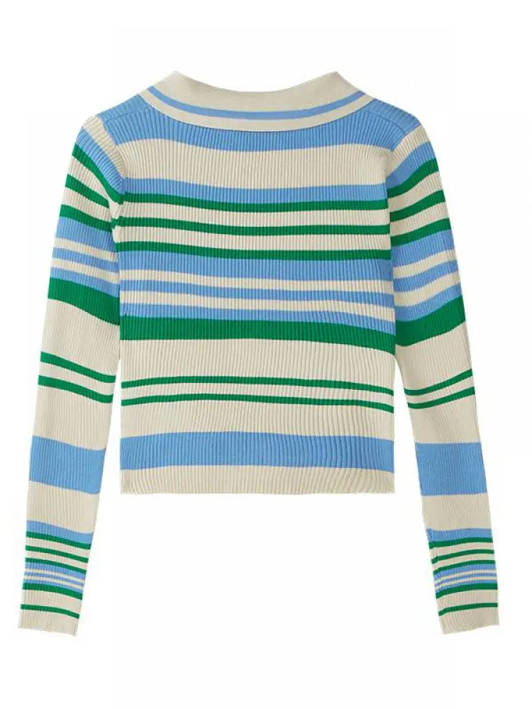 Maglione lavorato a maglia corto di base a righe moda donna pullover femminili a maniche lunghe con colletto rovesciato Vintage top Chic