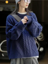 HanOrange 2024 Winter Retro Twisted Sweater Women O-Neck Pullover Loose Warm Knitted Top Light Green/Navy Blue