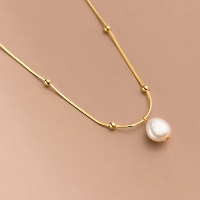 Minar Dainty Baroque Freshwater Pearl Beads Pendant Necklace for Women 14K Real Gold Silver Plated Copper Snake Chain Chokers