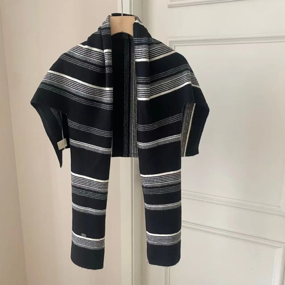 Retro Cape T-Shaped Striped Shawl Cloak Warm Large Wraps Windproof Wool Blend Neck Warmer Women