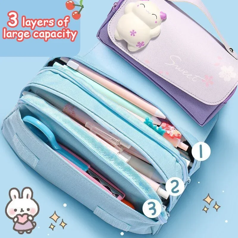 3D Kawaii Pencil Case Sakura 3 Layers Pen Pouch Cute Astronaut Waterproof Leather Aesthetic Organizer School Supplies Stationery