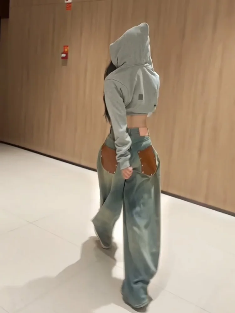 

Retro Faded High Waist Straight Leg Jeans Women's New Design Leather Pocket Dirtied Pants Loose Wide Leg Cotton Zipper Style