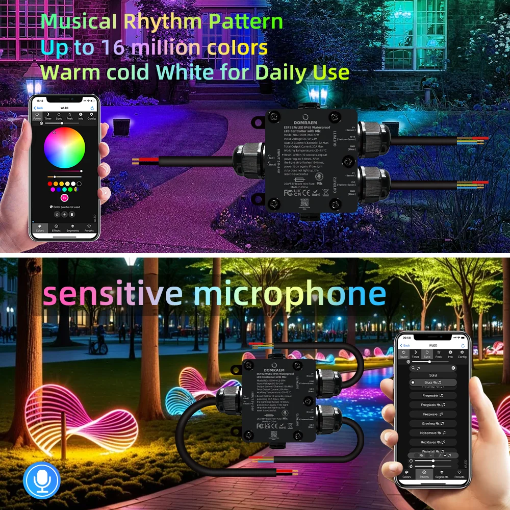 DOMRAEM ESP32 WLED Addressable 2CH LED Controller 20A Fuse Built-in Relay Mic WS281X SK6812 Music Sync IP65 Waterproof Alexa HA