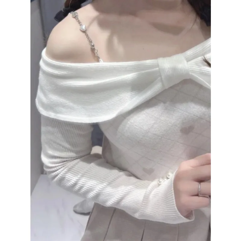 

2026 Spring New Sweet girls Versatile Long-Sleeve Pullover Diamond Pattern Bow Heart Chain Off-Shoulder Knitted Sweater