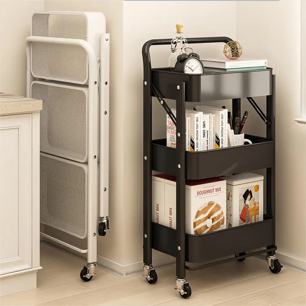 Foldable Trolley Storage Rack, Kitchen Floor to Floor Multi-layer Mobile Storage Rack, Beauty Salon Bedside Storage Rack