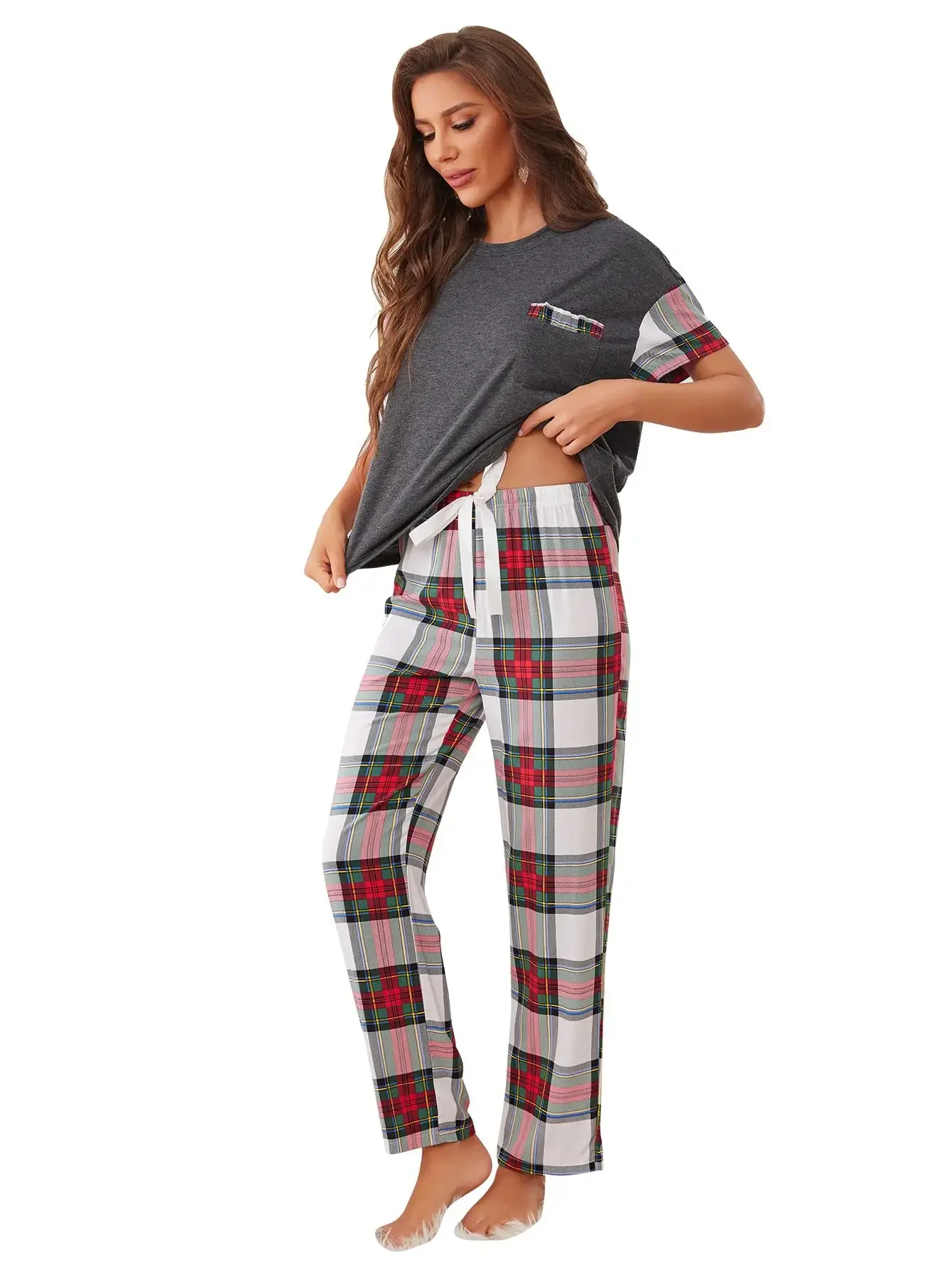 Women Pajama Sets Short Sleeves O Neck Top&Full-Length Plaid Pants Female 2 Piece Female Sleepwear Nightwear Homwear With Pocket