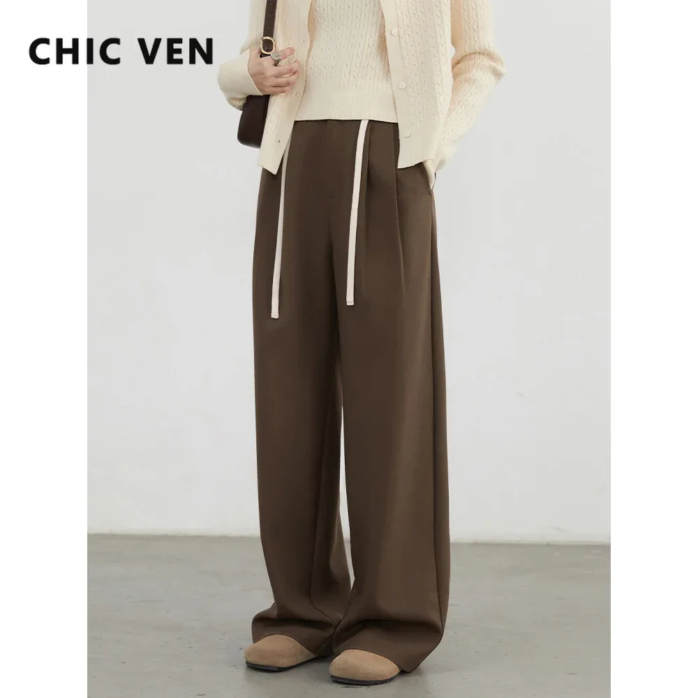 CHIC VEN Women Pants Fashion Casual High Waisted Pleated Straight Female Contrast Drawstring Trousers Spring Autumn New 2025