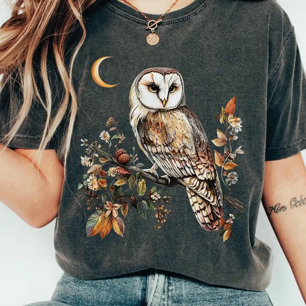 Vintage Cottagecore Owl T-shirt For Women Floral Whimsigoth Forest Dark Academia Shirt Crewneck Casual Unisex Y2K Top Streetwear