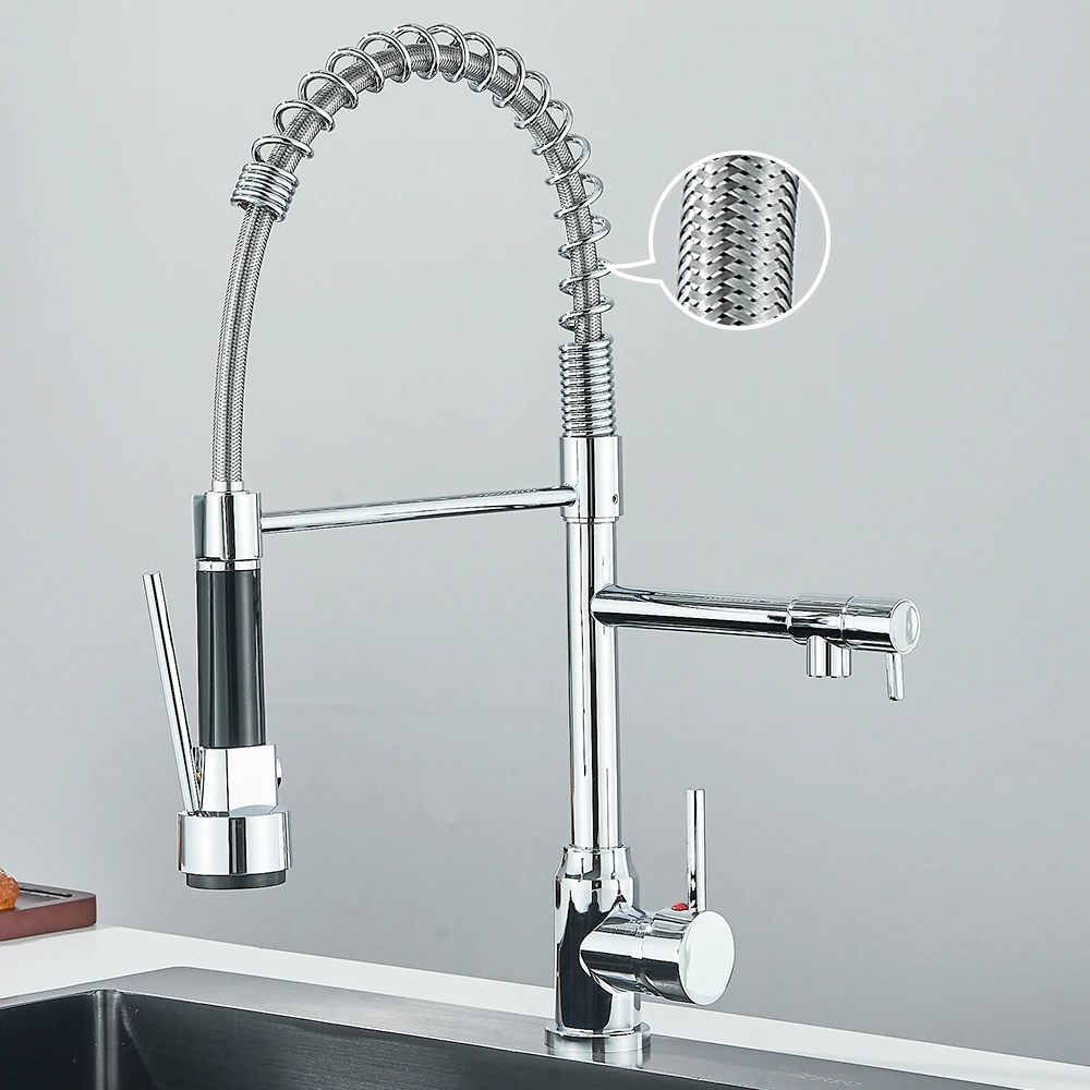 Pull Down Spring Keuken Kraan Enkele Hendel Warm Koud Mixer Water Voor Gootsteen Dubbele Uitloop Mondstuk Kranen Kraan
