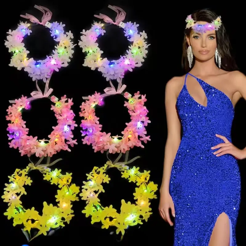 10pcs LED Flower Crown Garland Headband LED Hawaiian Lei Headband Flower Crown Wreath Glow in The Dark Neon Rave Party Supplies