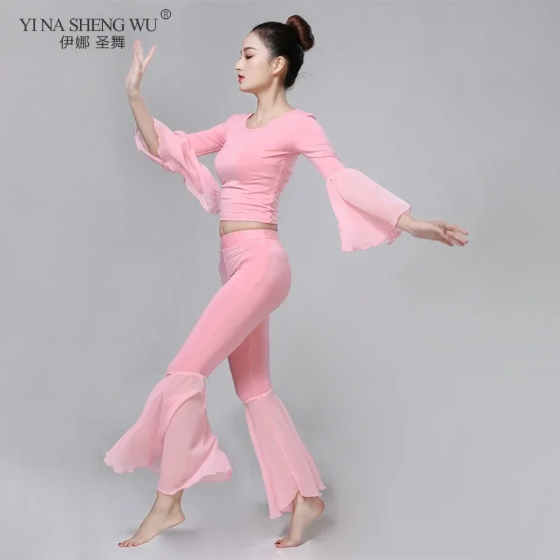 女性用大人のベリーダンス衣装セット 2 個トップパンツモーダル生地トランペットスリーブダンス練習服レディースダンスウェア