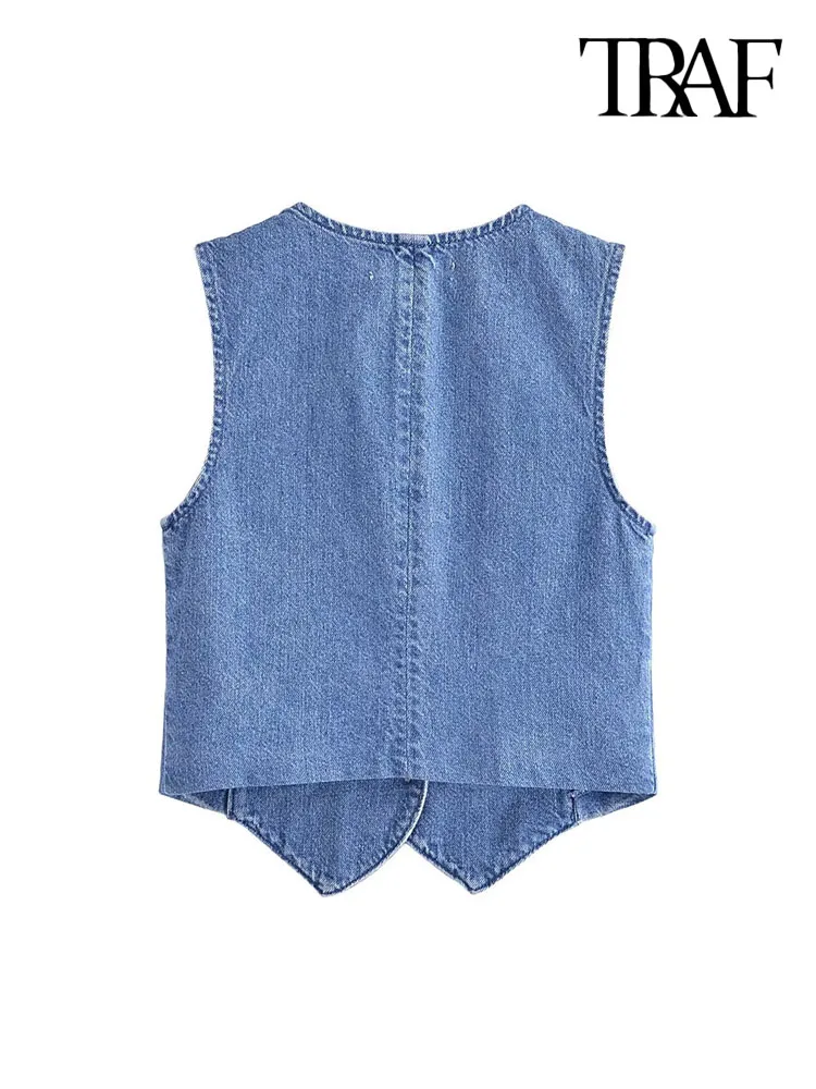 V Neck Sleeveless Female Outerwear Chic Vest Tops TRAF Women Fashion Front Button Denim Waistcoat Vintage