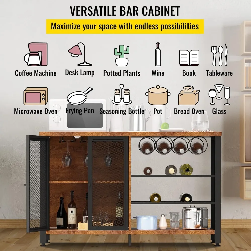 Industriële barkast, wijntafel voor sterke drank met glazen houder, wijnrek en metalen dressoir, boerderijhouten koffiebar voor L