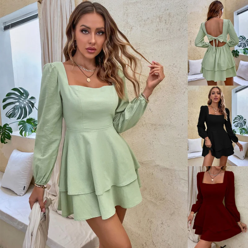 

YQ1-Independent Station Women's Sexy Backless Tie Square Neck Long Sleeve Ruffle DressminiDress