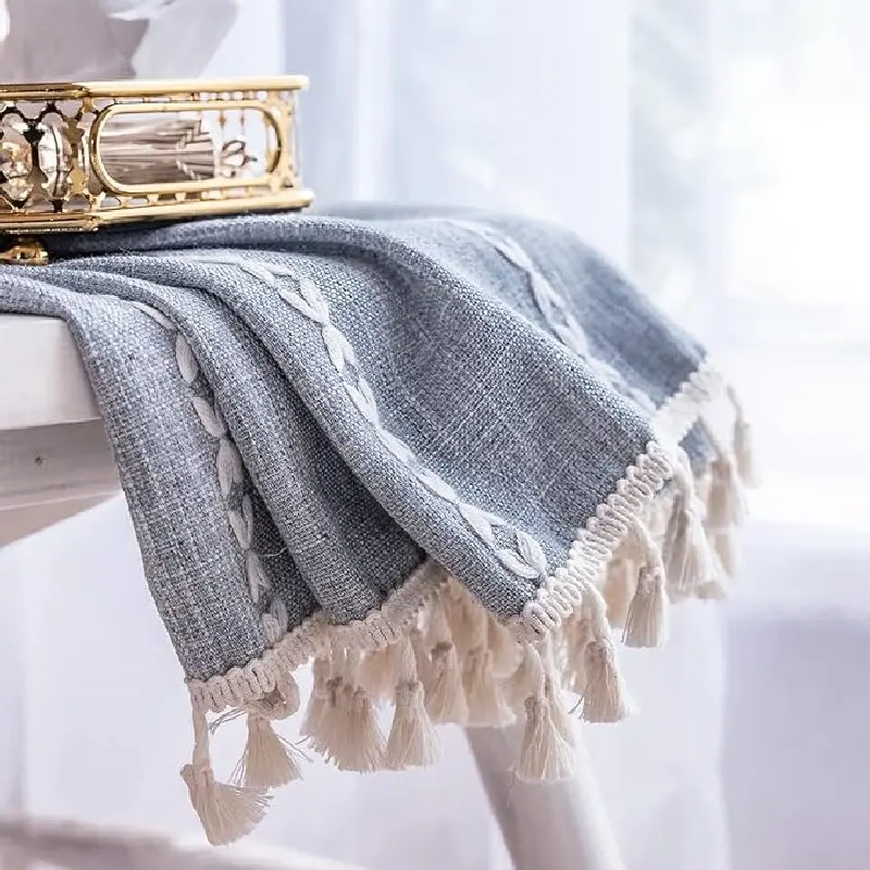 ستارة دش طويلة بوهو، ستارة دش من نسيج القطن والكتان مع شرابة لستارة ديكور الحمام الريفية الفرنسية الأنيقة