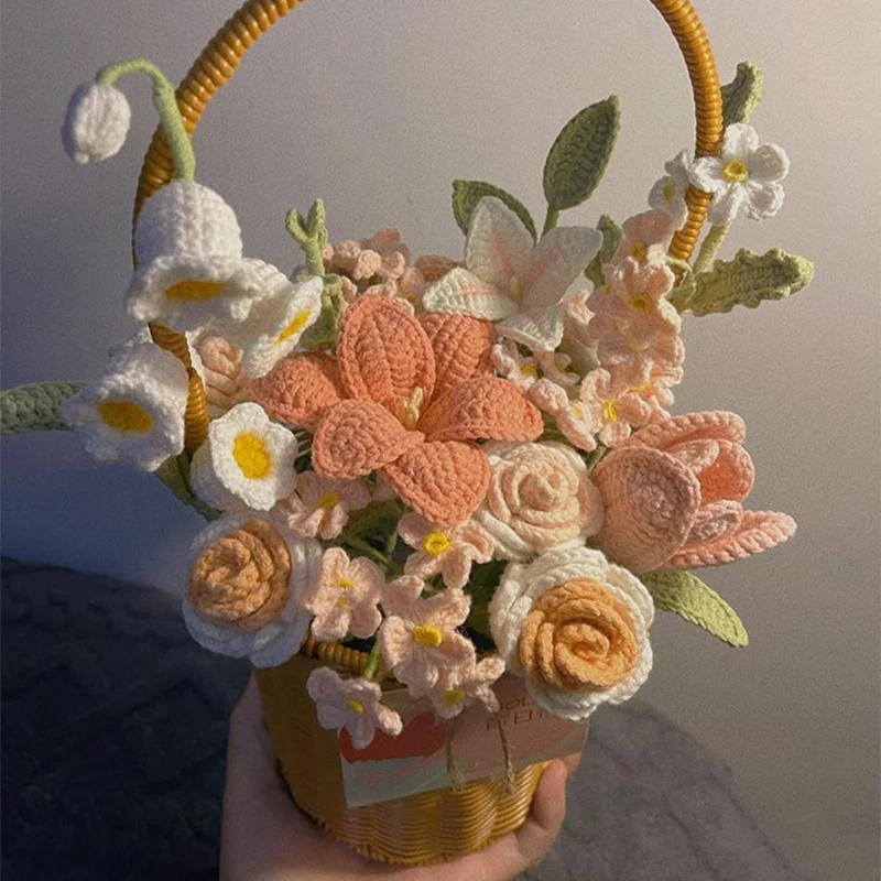 【DIY Materials Package】Flower basket Crochet Kit with Yarn Knitting Set for Wedding Valentine's Mother's Day Gift Craft Supplies