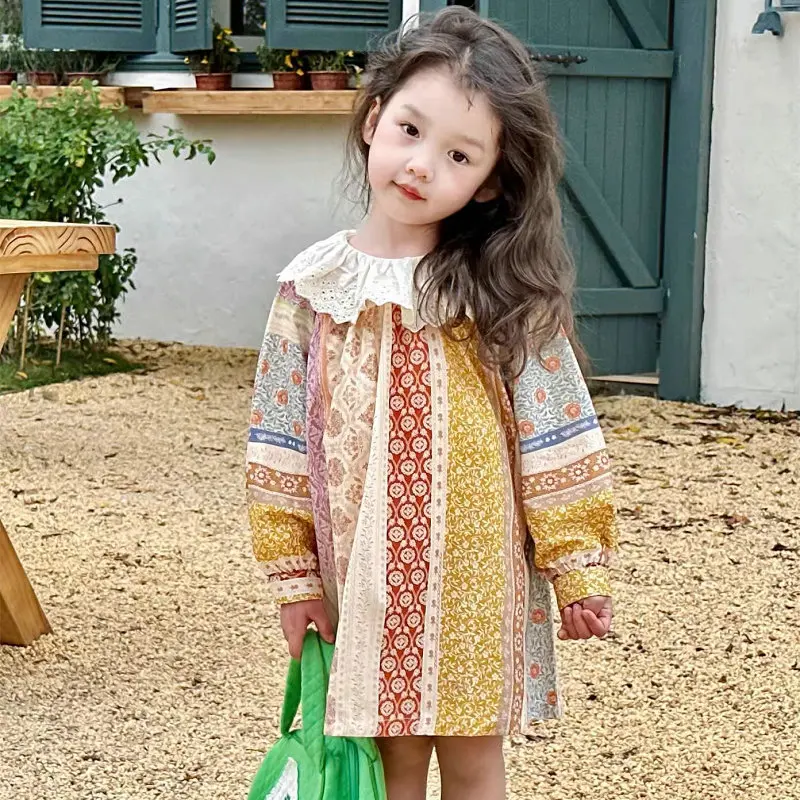 

Summer Baby and Girls Cotton Ethnic Style Contrast Printed Long Sleeves Vacation Dresses Kids Sweet Skirt Children Outfits 2-8Yr