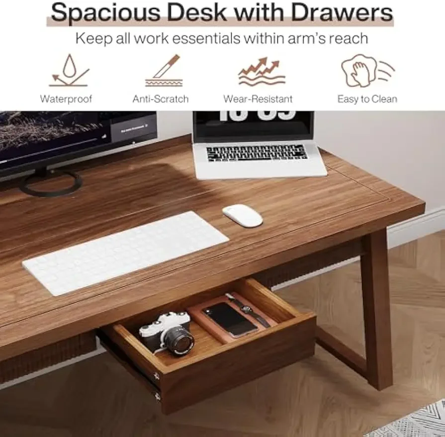 Home Office Executive Desk: 55 Inches Solid Wood Computer Desk with Drawer, Mid-Century Modern Study Writing Table