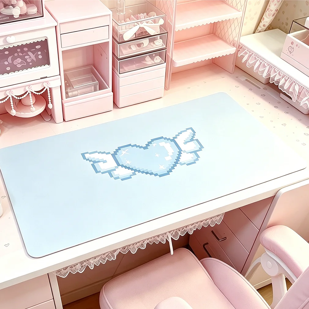 Leather Desk Pad Protector ins Blue Love Heart Angel Wings Y2K Mouse Pad Office Desk Mat Oilproof PU Desk Blotter keyboard Pads
