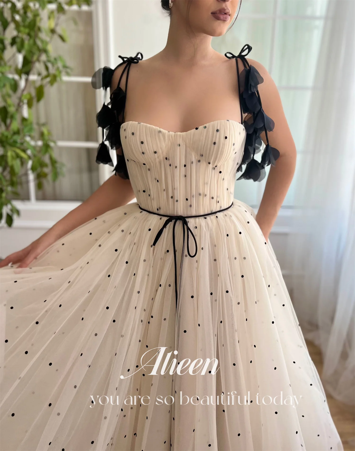 Aileen Champagne Sweetheart Black Dots A-line Chubby Elegant Party Dresses Woman Evening Gala Prom Wedding Dress 2024 Graduation