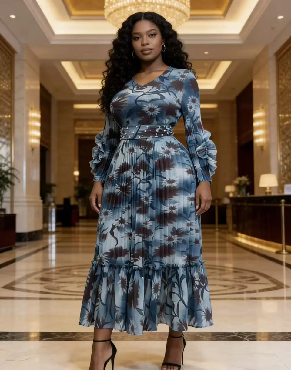 

Новое женское платье Miyake 2026: модное, приталенное, с V-образным вырезом, принтованные складки, повседневное, элегантное