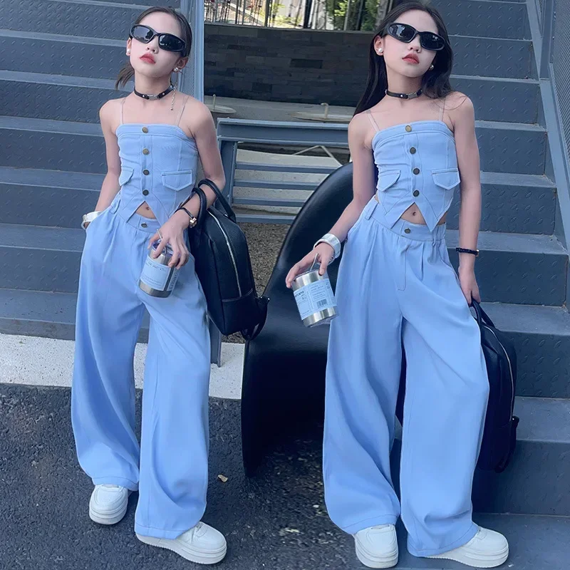 Girls Suits Summer Set 2024 New Style Fashionable Suspenders Big Children Thin Loose Wide-leg Pants Two-piece Set Clothes