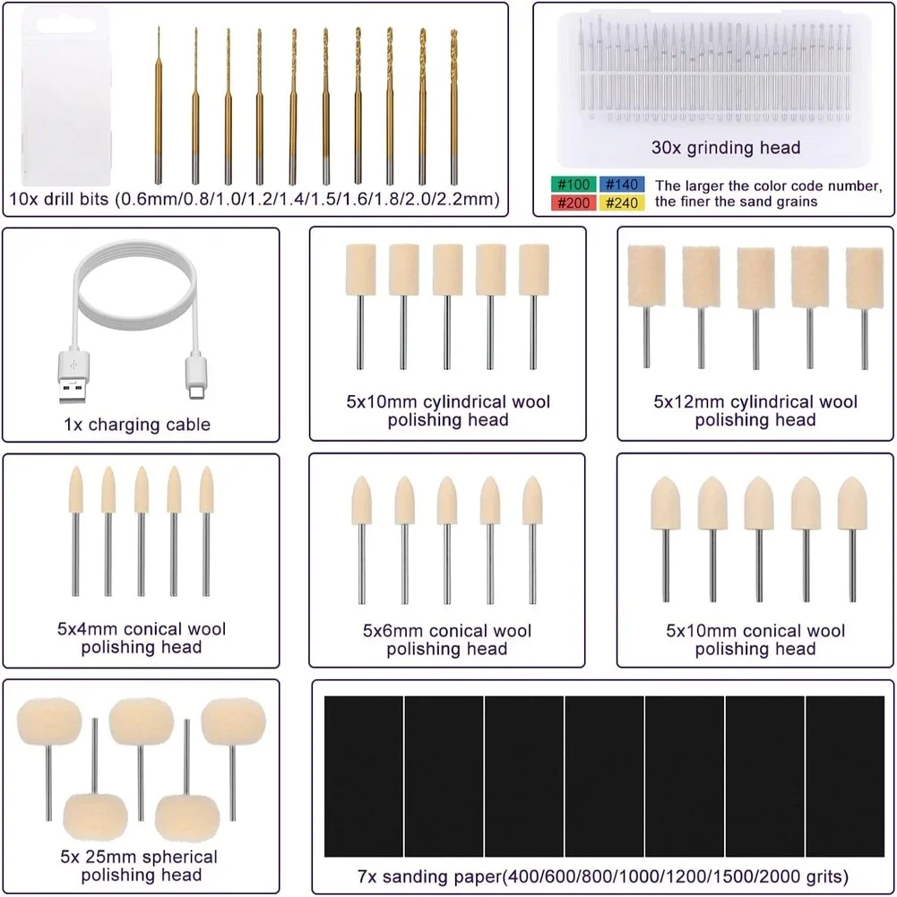 

Набор вращающихся инструментов из полимерной глины. Беспроводная обработка 35 скоростей с мощным двигателем 35000 об/мин и аксессуарами для шлифования и сверления.