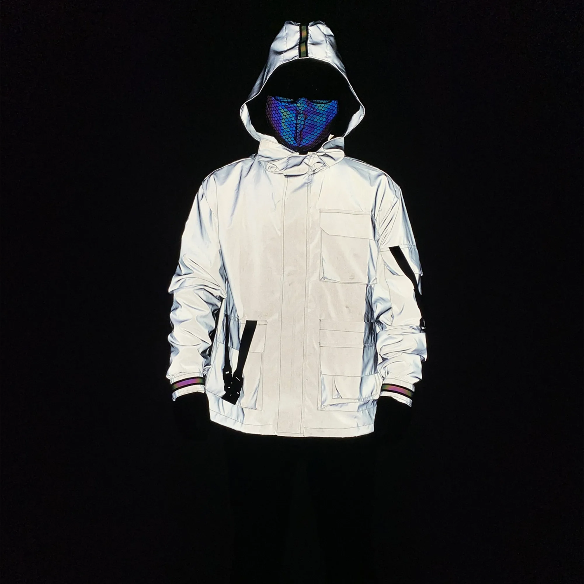 2023 Men\'s Holographic Reflective Colorful Rainbow Zipper Hooded Cargo Jacket Windbreaker Coat