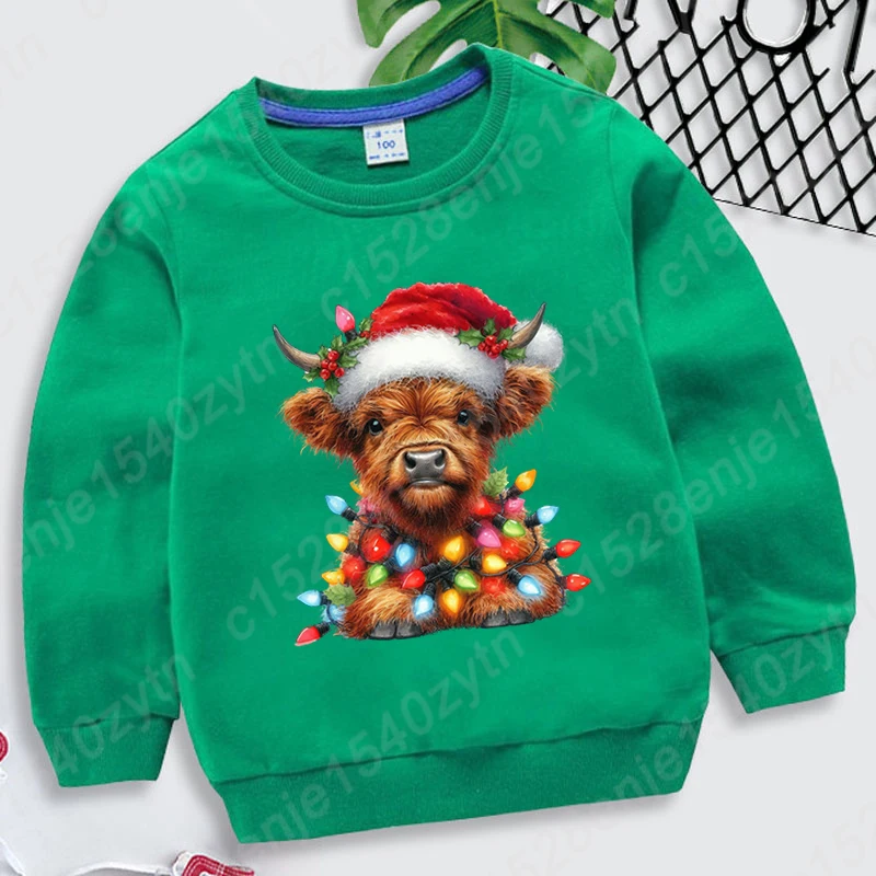 Christmas Light Cow Print Sweatshirt For Kids Autumn Winter Long Sleeve Round Neck Casual Pullovers Children Hoodless Sweatshirt