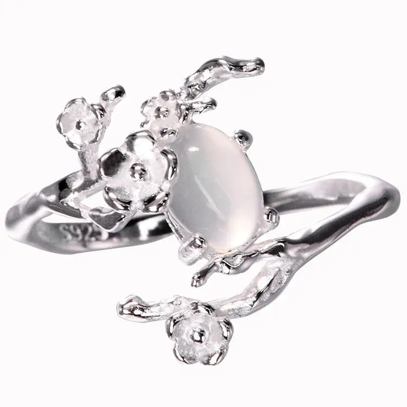 SNew silver original design inlaid moonlight white chalcedony plum opening adjustable women's ring to send a friend gift - Image 6