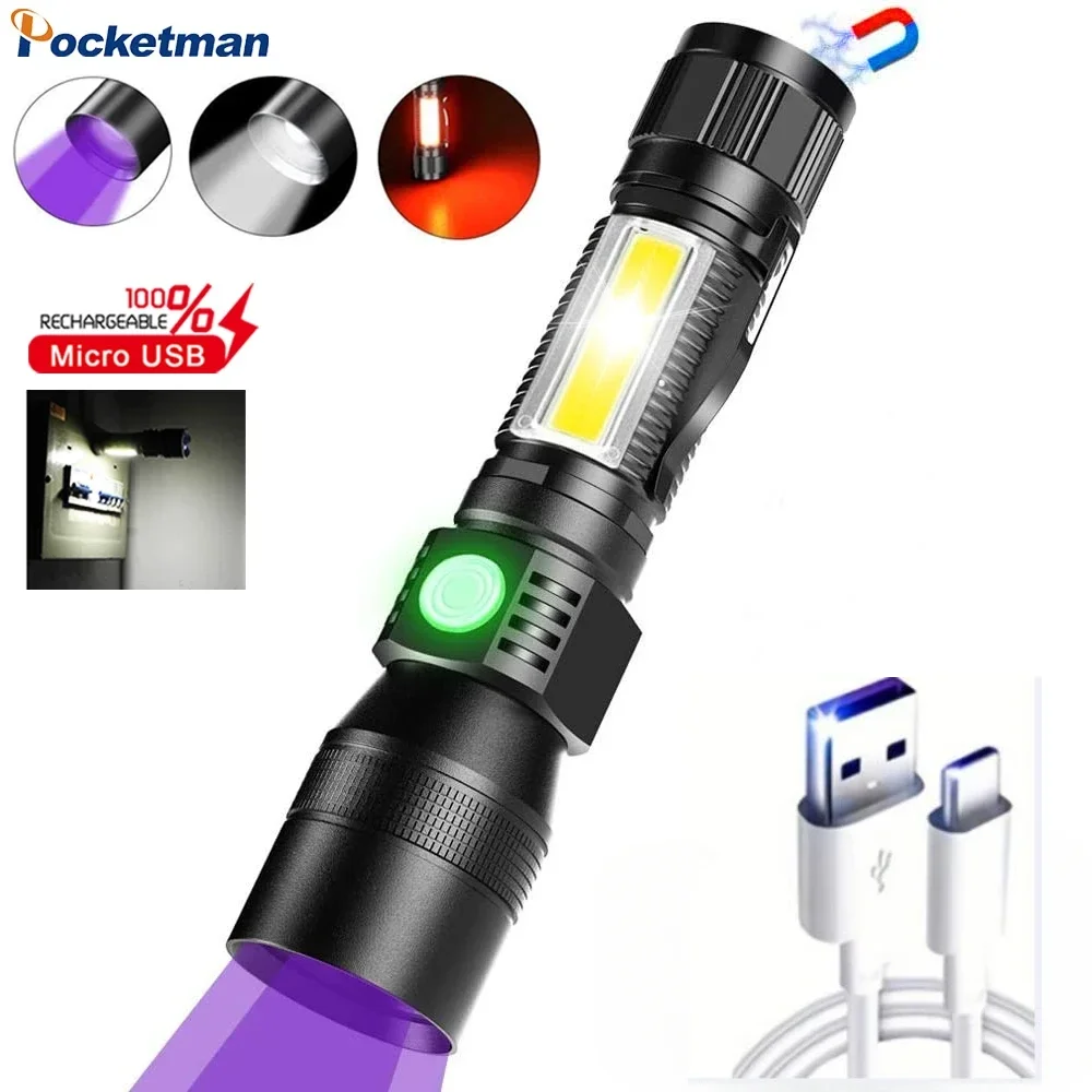 

Powerful 3 In 1 Multifunctional LED Flashlight USB Rechargeable UV Flashlights 7 Modes Zoomable Torch for Camping Hiking Fishing