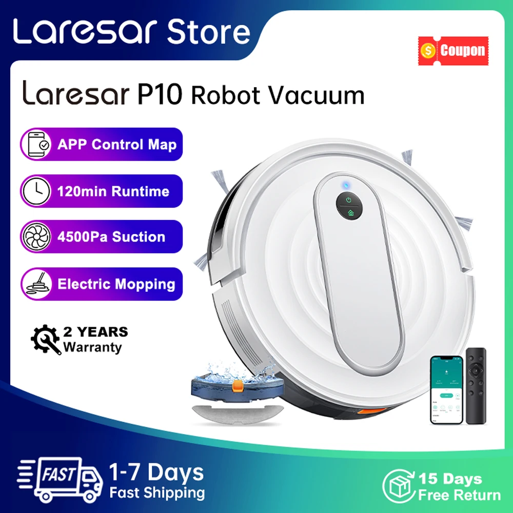 Laresar P10 Robot Vacuum Cleaner Mop 4500Pa Cordless APP Control Smart Gyroscope Planned Map Home Floor Washing Carpet Cleaning