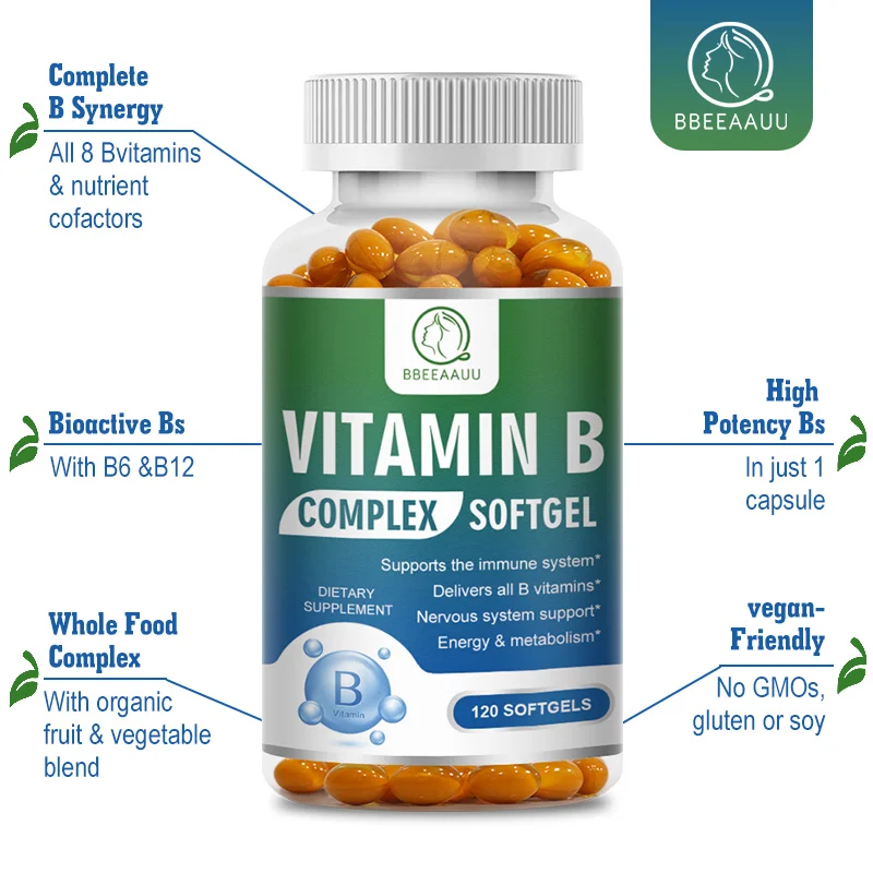 

BBEEAAUU Organic Vitamin B Complex Capsules(B1,B2,B3,B6,B12) Immune System Brain and Heart Health Nervous System Metabolism