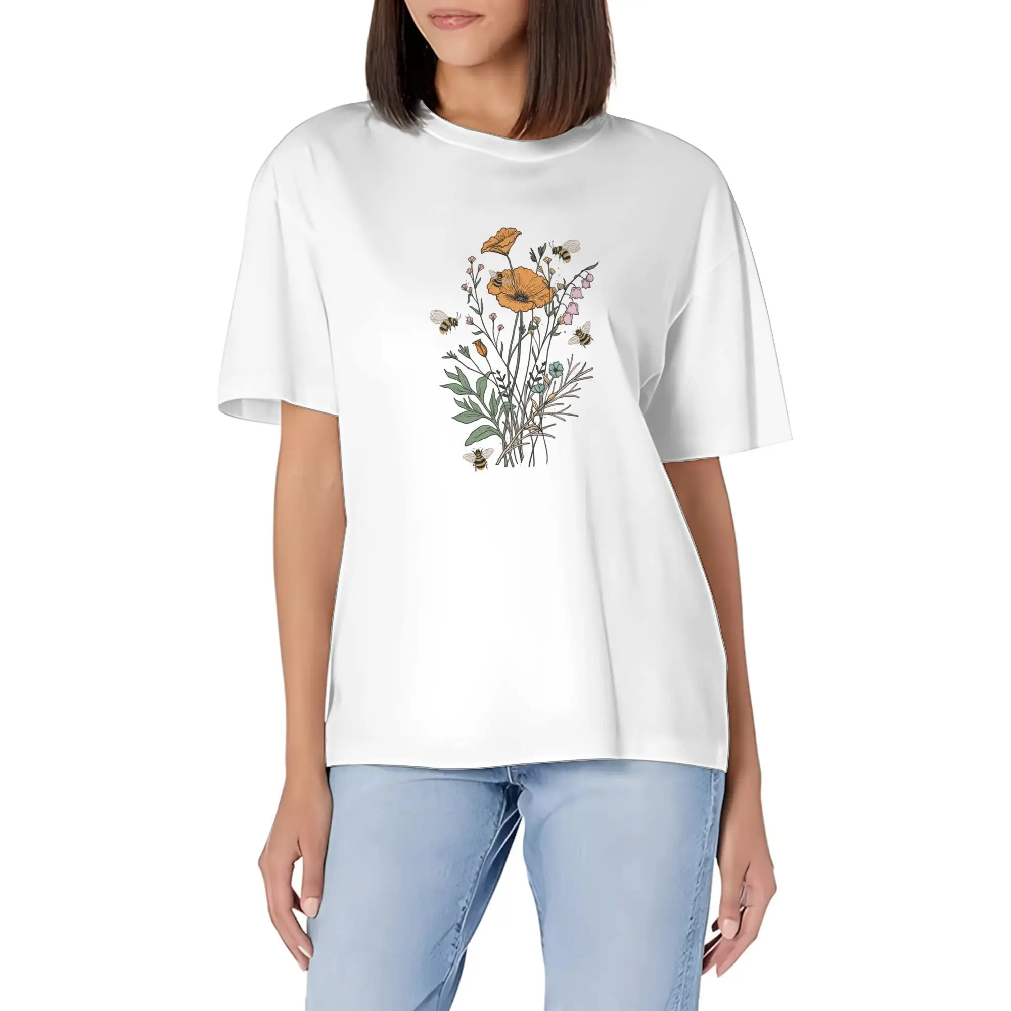 Fresh Style Flowers Bees In A World Where You Print Short Sleeve Round Neck Pure T Shirt, Tops For Vacation Outfits For Women