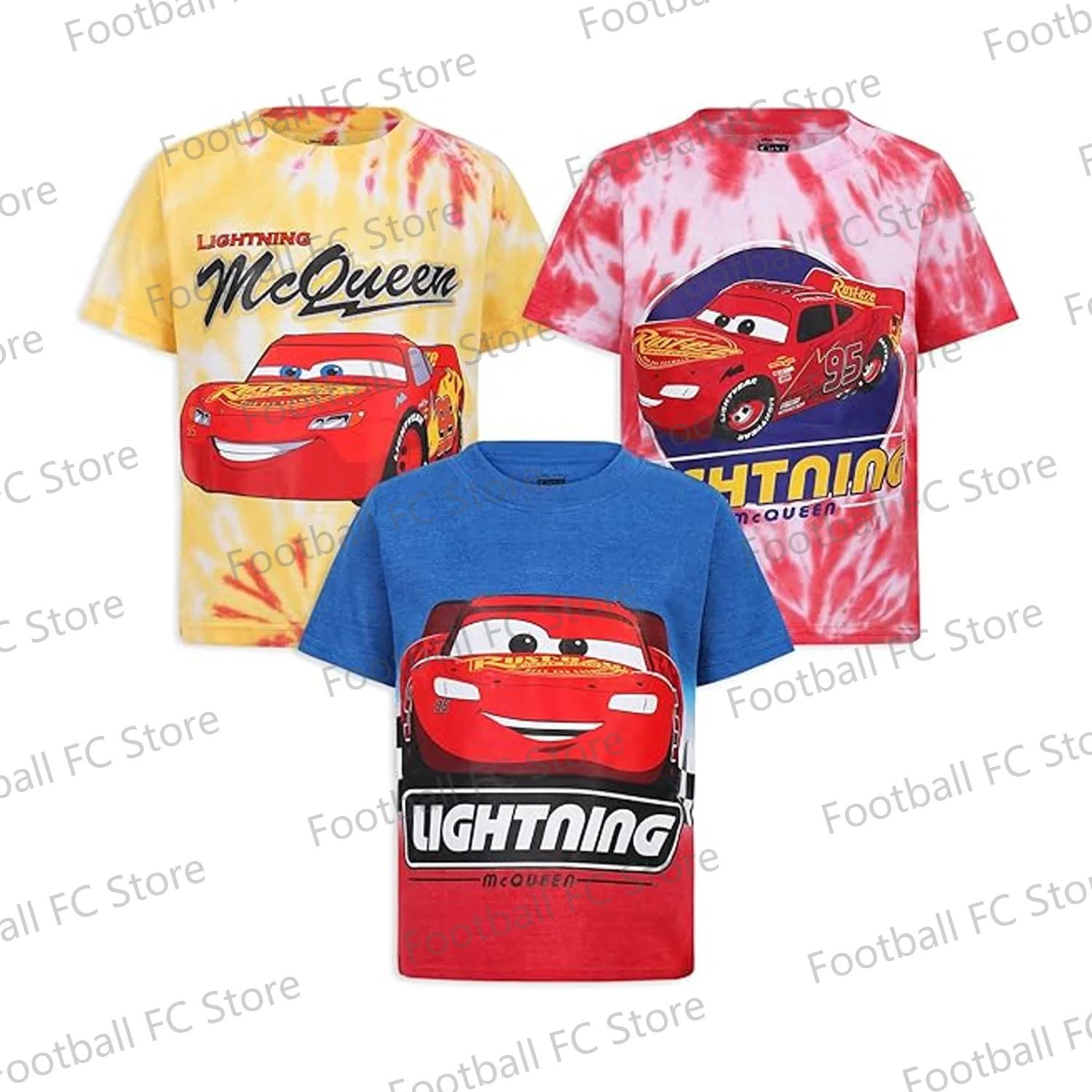 2024 New Disney Cars Boys’ 3 Pack tie-dye T-Shirts for Toddler and Little Kids – Blue/Yellow/Red/White