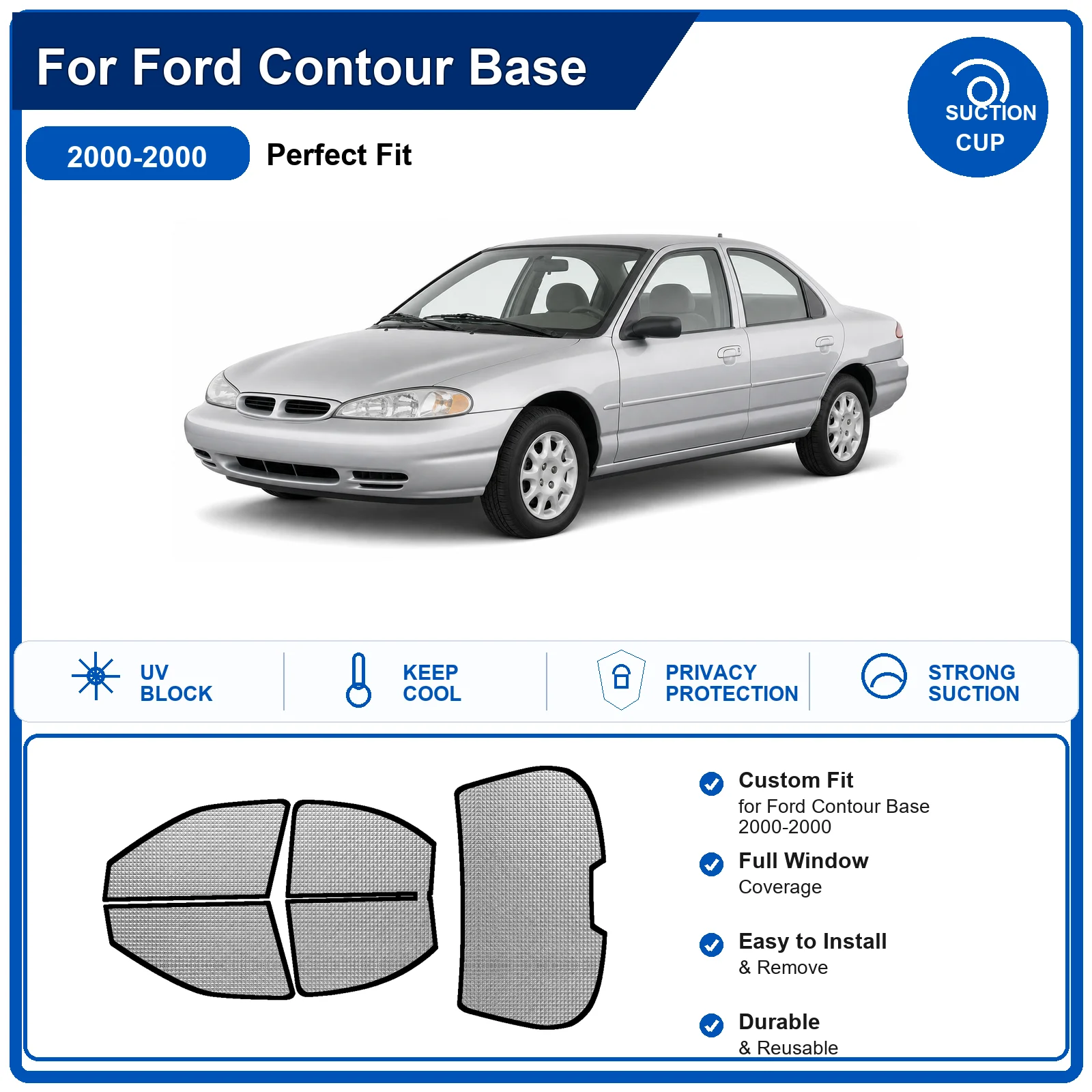 For Ford Contour Base 2000-2000 Custom Full Set Windshield Sun Shade Aluminum Foil Heat Insulation Anti UV Foldable