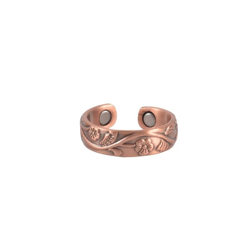 Vintage Plum Pattern Pure Copper Bangle & Ring Set Magnetic Energy Therapy Bracelet Unisex Retro Health Wrist Finger Jewelry