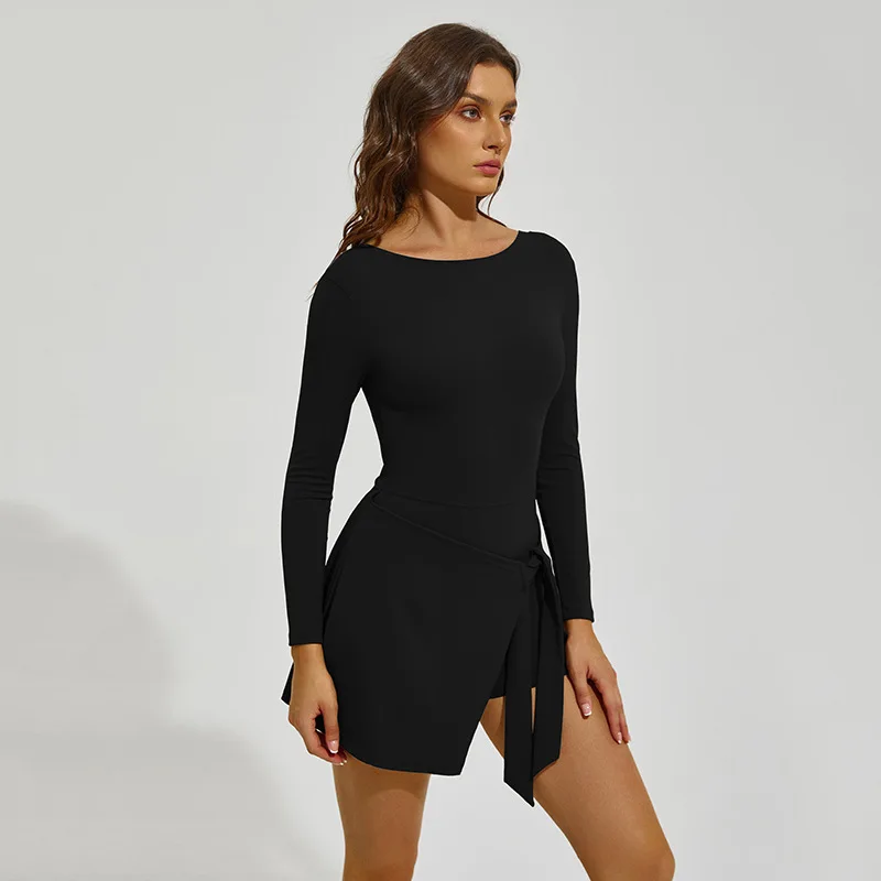 Women Long Sleeve Tennis Skirt Set with Built-in Shorts Anti See-Through Sports Outfit Long Length Athletic Top Badminton Wears