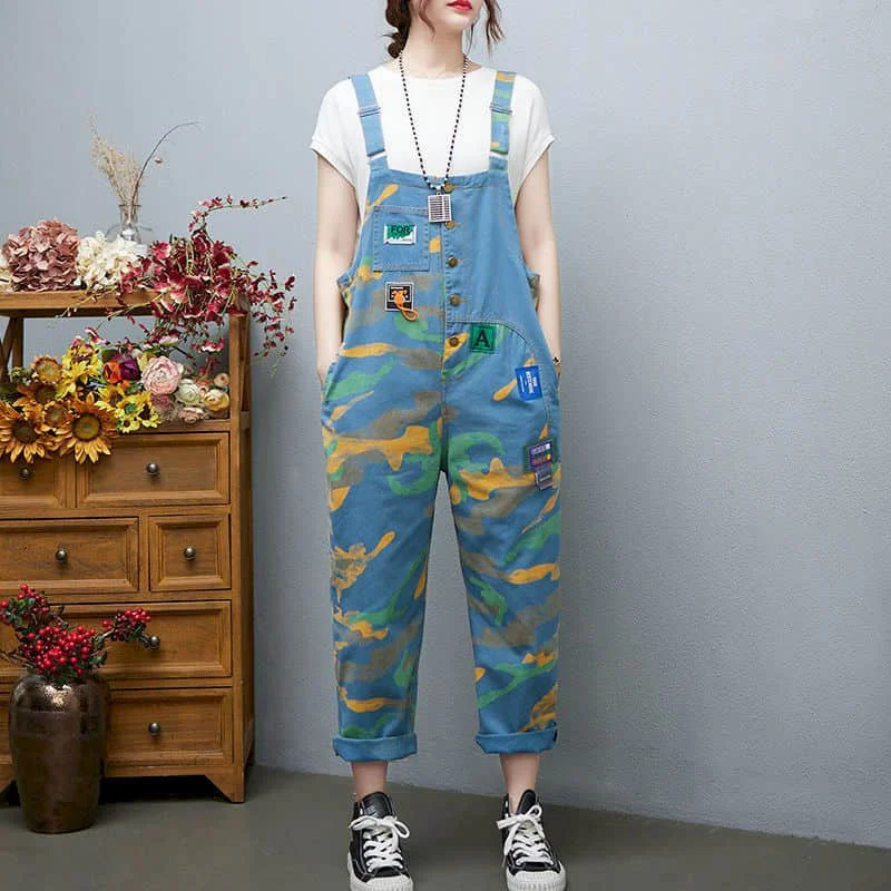 Denim Jumpsuits for Women Camouflage Ankle-Length Pants One Piece Outfit Women Rompes Loose Korean Style Casual Vintage Overalls