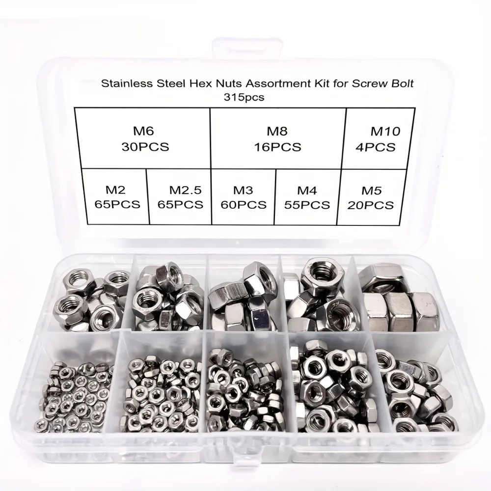 315-Piece Stainless Steel Hex Nut Kit, M2-M10, for Industrial Equipment, Home Repair, Machinery Parts, and Outdoor Maintenance.