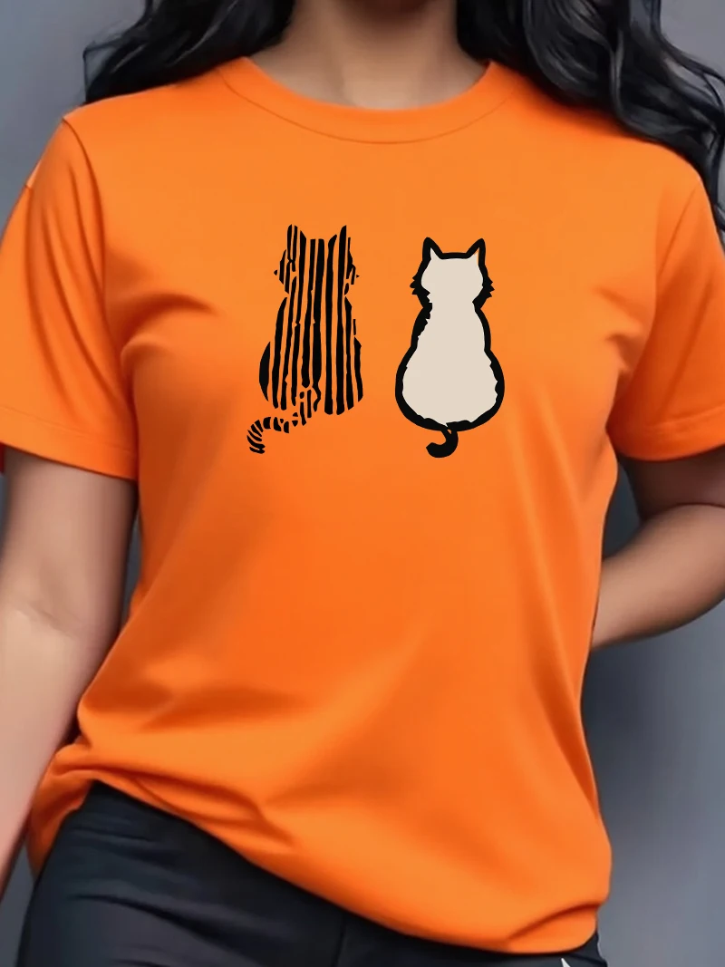 Vrouwen Zomer Twee schattige katten Print T-shirt Meisje Casual Korte Mouw Zomer Vrouwelijke Dierenkleding
