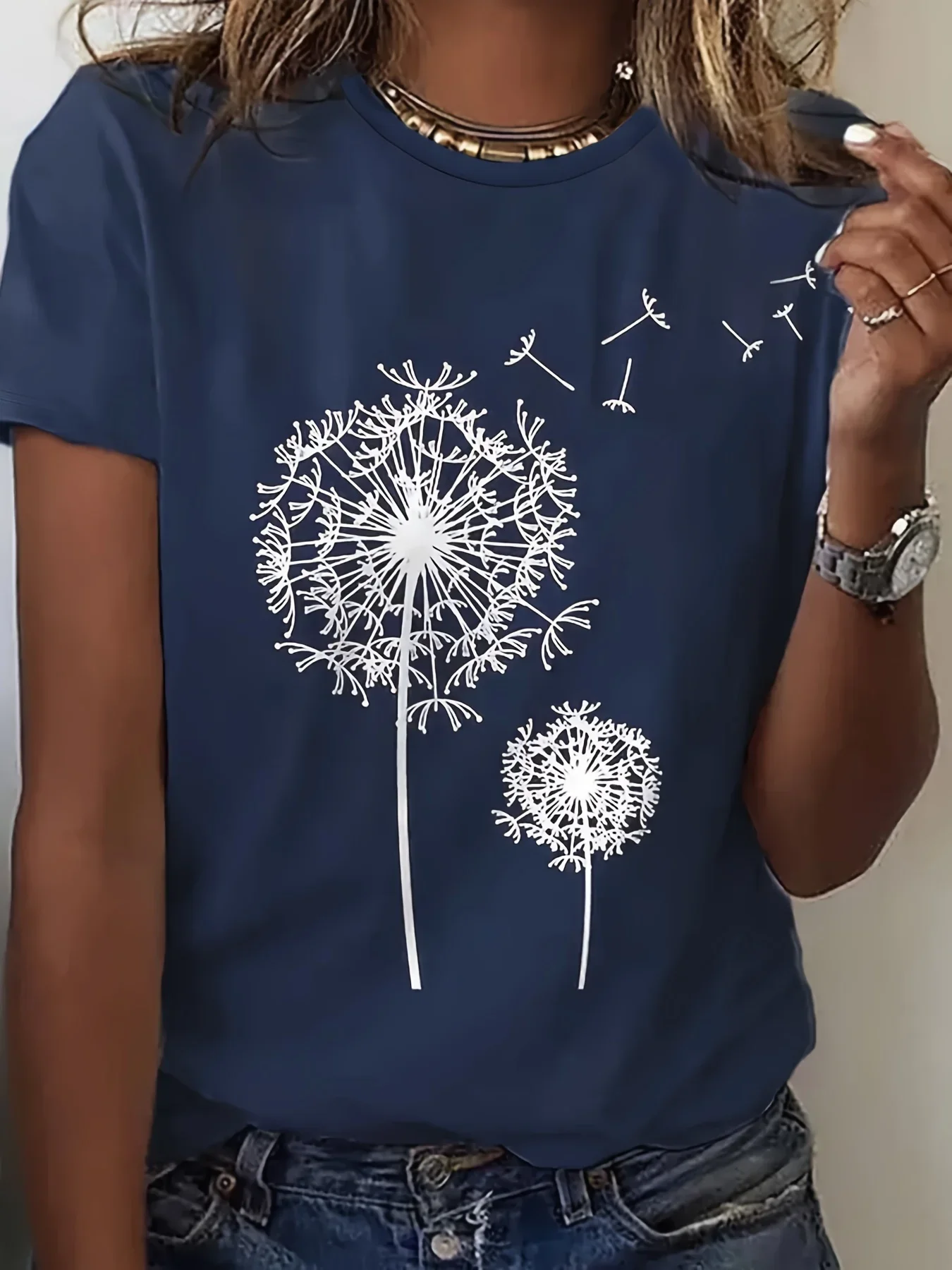 Dandelion Print Crew Neck T-Shirt, Casual Short Sleeve Top For Spring & Summer, Women's Clothing image 4