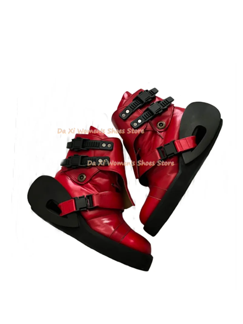 Red Patent Ankle Boots Techwear Multi Buckle Strap Cut Out Hollow Platform Sole Boots Y2K Gothic Motorcycle  red Women's Boots - view 4
