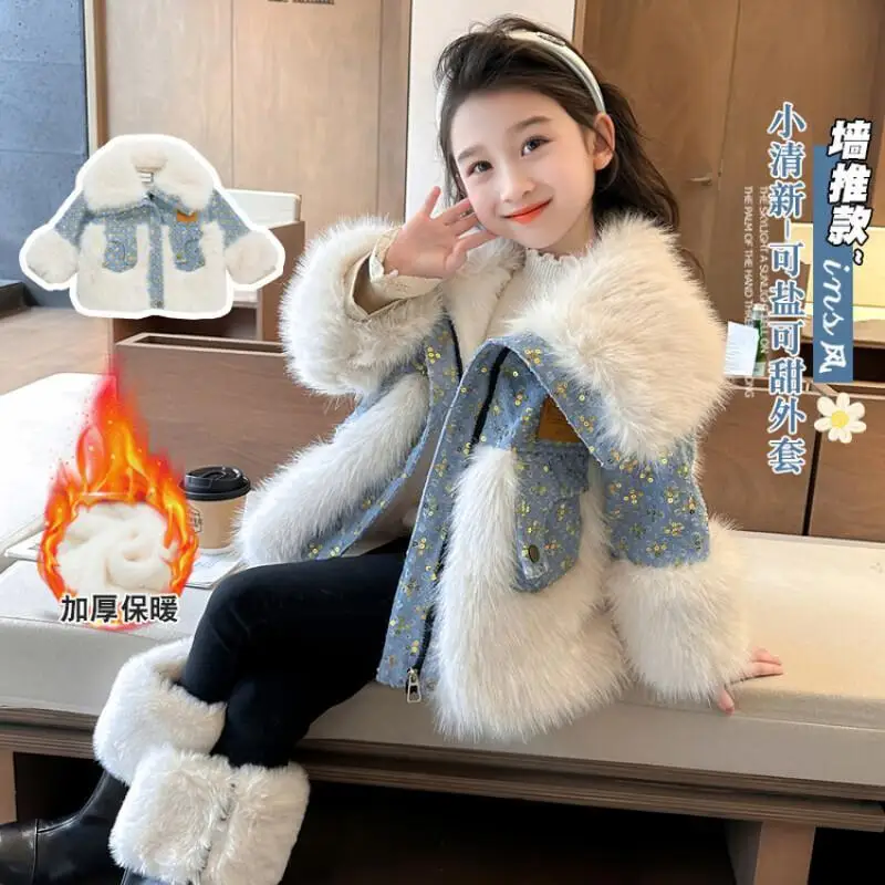 

Hot Kawaii Casual Coat Set Fashion 2 Piece Set Children S Clothing Girls Faux Fur Denim Sequin Knit Coat 2024 Autumn Winter Baby